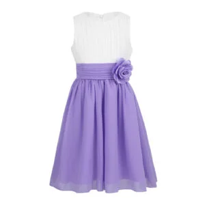 Pleated chiffon junior bridesmaid dress-white-lavender (2)