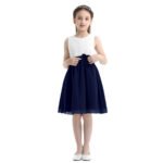 Pleated chiffon junior bridesmaid dress-white-navy-blue (1)