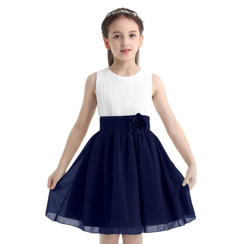 Pleated chiffon junior bridesmaid dress-white-navy-blue (3)