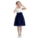 Pleated chiffon junior bridesmaid dress-white-navy-blue (9)
