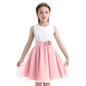 Pleated chiffon junior bridesmaid dress-white-pink (1)