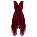 Pleated v-neck girls cocktail dress -dark-red (3)