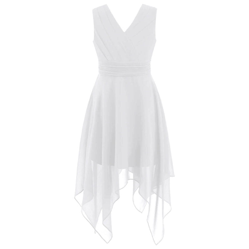 Pleated v-neck girls cocktail dress -white (1)