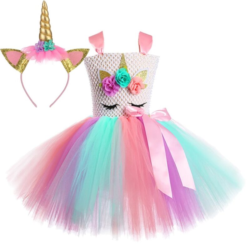 Rainbow Wonderland Unicorn Tutu Dress Set with matching unicorn headband featuring a rainbow pastel tutu skirt, unicorn face bodice, floral decorations and satin ribbon bow