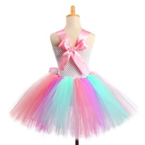 Girls pastel rainbow unicorn tutu dress with soft tulle skirt, crochet bodice and large pink satin bow
