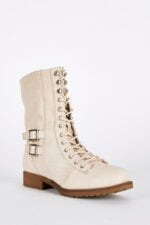 Women's lace-up leather mid-calf boots - Beige