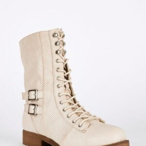 Women's lace-up leather mid-calf boots - Beige