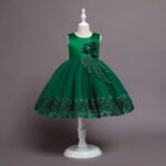 Satin top girl party dress-green (1)