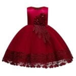 Satin top girl party dress-red (4)