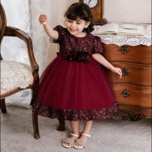 Sequin baby girl dress with sleeves-burgundy (10)
