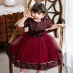 Sequin baby girl dress with sleeves-burgundy (4)