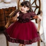 Sequin baby girl dress with sleeves-burgundy (5)