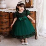 Sequin baby girl dress with sleeves-green (2)