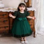 Sequin baby girl dress with sleeves-green (3)