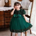 Sequin baby girl dress with sleeves-green (4)