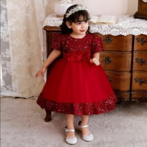 Sequin baby girl dress with sleeves-red (3)