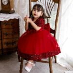Sequin baby girl dress with sleeves-red (5)