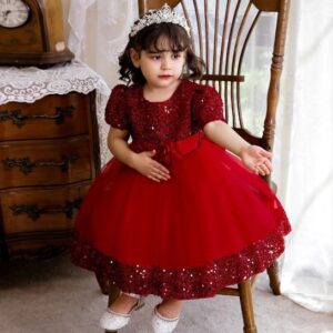 Sequin baby girl dress with sleeves-red (6)
