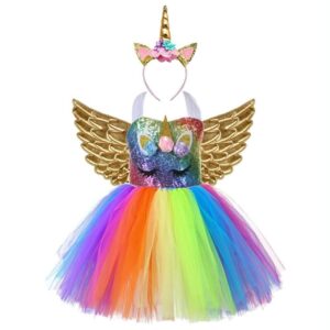 Sequin unicorn tulle dress with gold fairy wings and horn