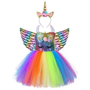 Sequin unicorn tulle dress with rainbow fairy wings and horn