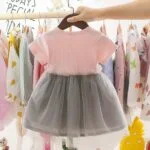 Short sleeve baby girl tulle dress-pink-grey (1)