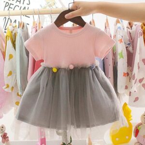 Short sleeve baby girl tulle dress-pink-grey (3)