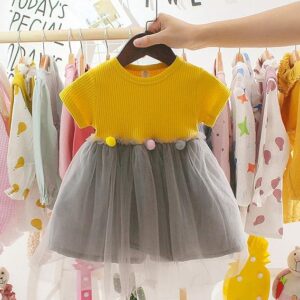 Short sleeve baby girl tulle dress-yellow-grey (1)