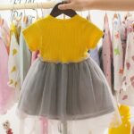 Short sleeve baby girl tulle dress-yellow-grey (3)