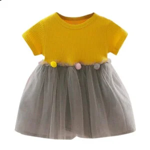 Short sleeve baby girl tulle dress-yellow-grey (4)