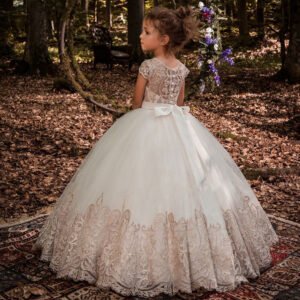 Short sleeve lace flower girl dress-champagne (2)