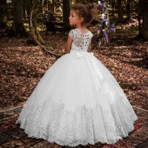 Short sleeve lace flower girl dress-white (2)