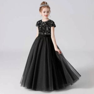 Short sleeve sequin flower girl dress-black