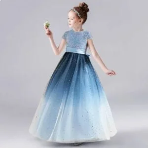 Short sleeve sequin flower girl dress-blue