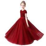 Short sleeve sequin flower girl dress-burgundy (1)