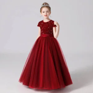 Short sleeve sequin flower girl dress-burgundy (2)