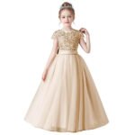 Short sleeve sequin flower girl dress-champagne