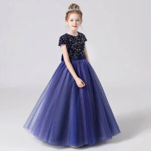 Short sleeve sequin flower girl dress-dark-blue