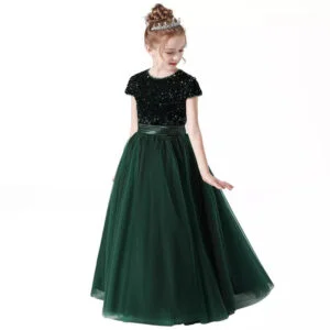 Short sleeve sequin flower girl dress-green