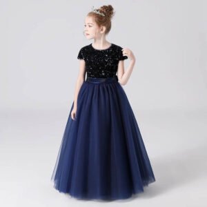 Short sleeve sequin flower girl dress-navy-blue