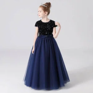 Short sleeve sequin flower girl dress-navy-blue