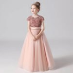 Short sleeve sequin flower girl dress-pink (3)