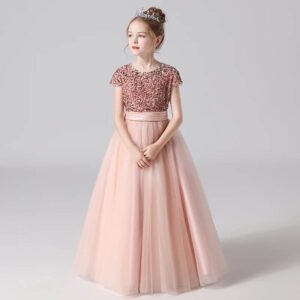 Short sleeve sequin flower girl dress-pink (3)
