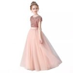 Short sleeve sequin flower girl dress-pink (4)