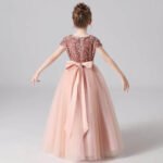 Short sleeve sequin flower girl dress-pink (5)