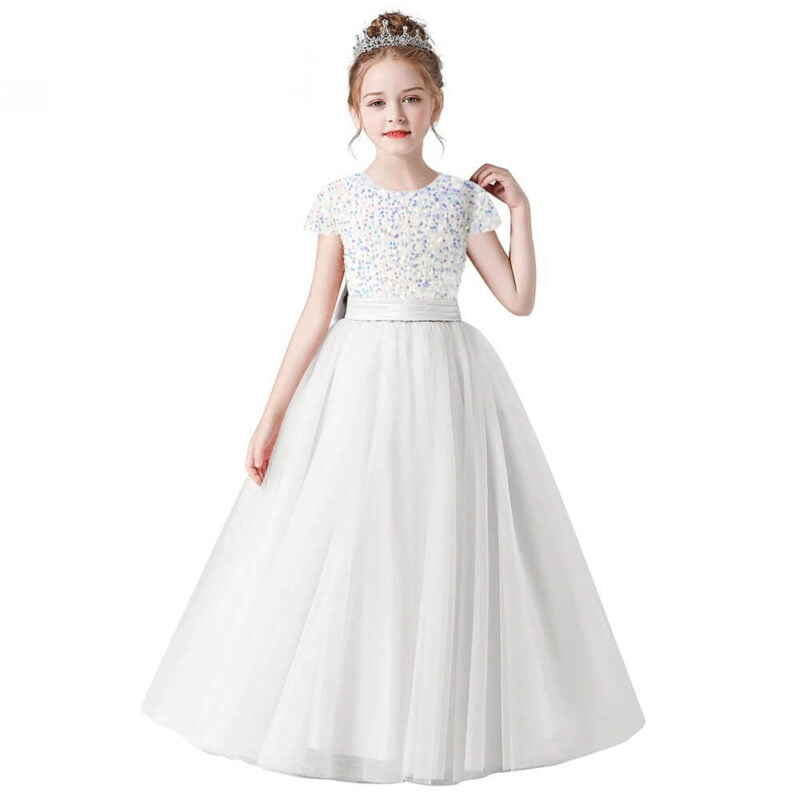 Short sleeve sequin flower girl dress-white