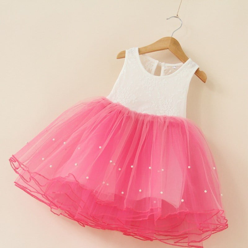 Sleeveless lace top little girl dress-pink and white