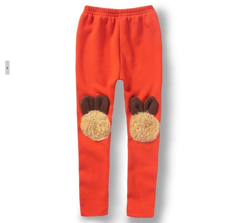 Girls orange leggings with bear knee patches in soft fleece fabric for a coordinated cosy outfit