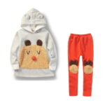 Snuggle Bear Girls Fleece Hoodie and Leggings Set - grey and orange Girls fleece outfit set with grey bear hoodie and orange leggings with matching knee patches for winter wear