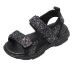 Sparkly open toe girls Velcro sandals-black (1)