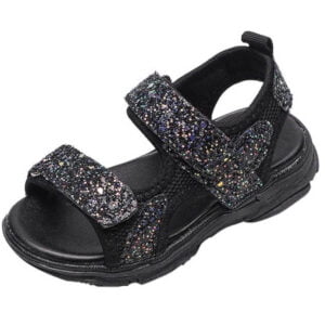 Sparkly open toe girls Velcro sandals-black (1)